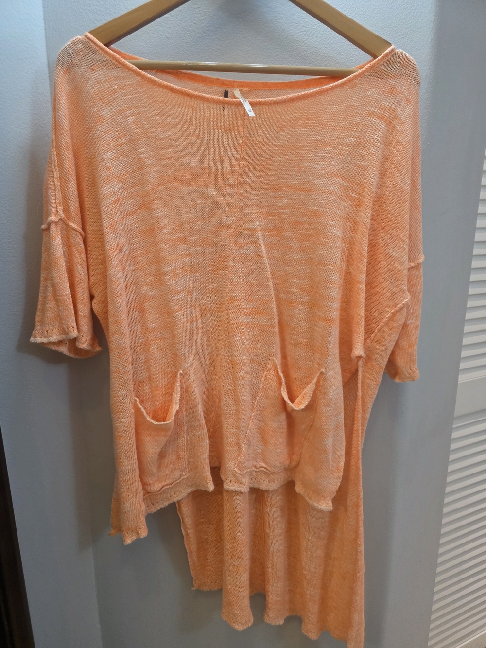 Free People Linen Lightweight Knit Pocket Tunic Top Vibrant Orange High Low XS